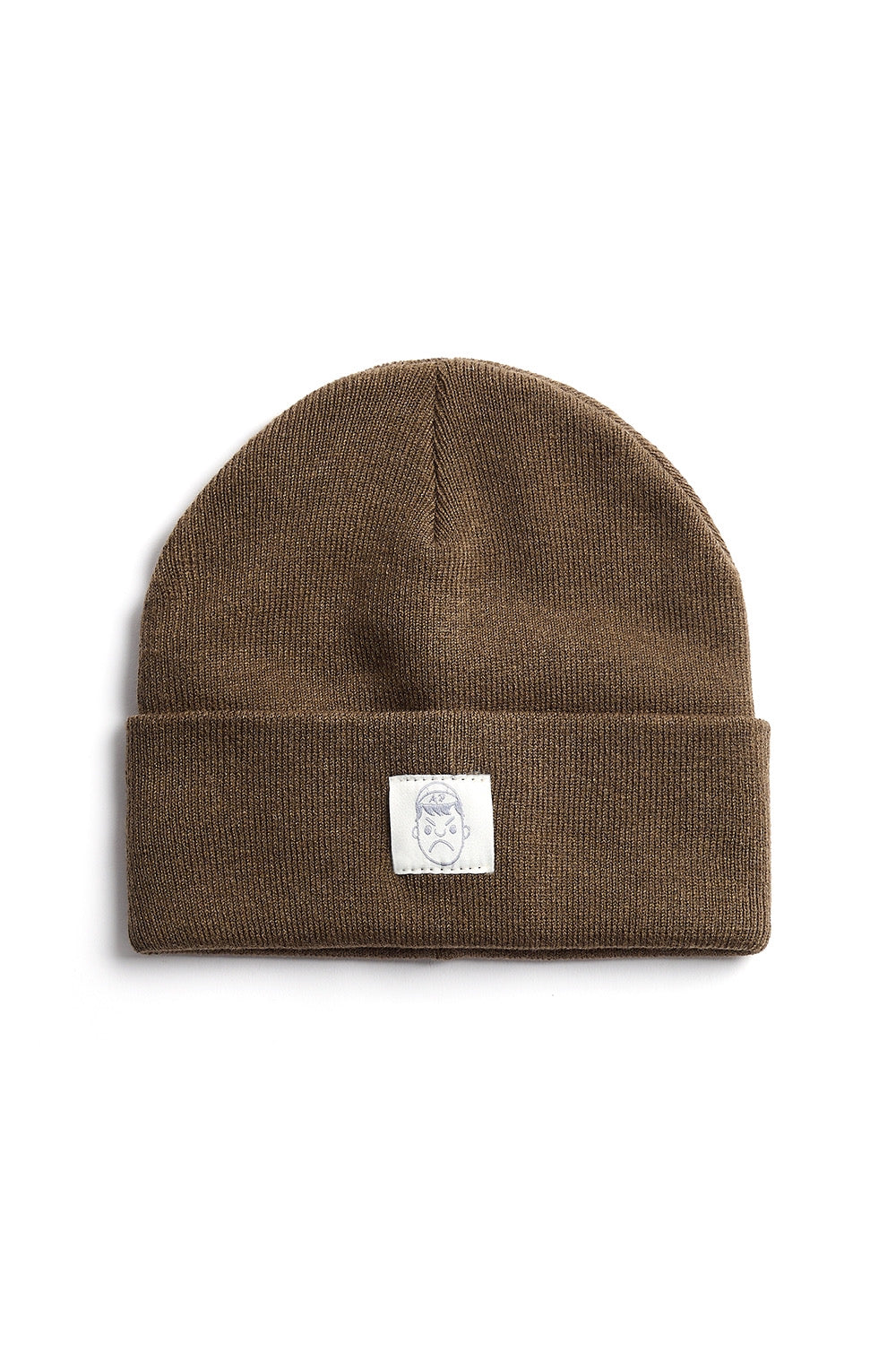A brown beanie hat with a patch