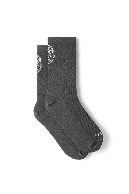 A pair of Angry Pablo grey cycling socks with tall cuff